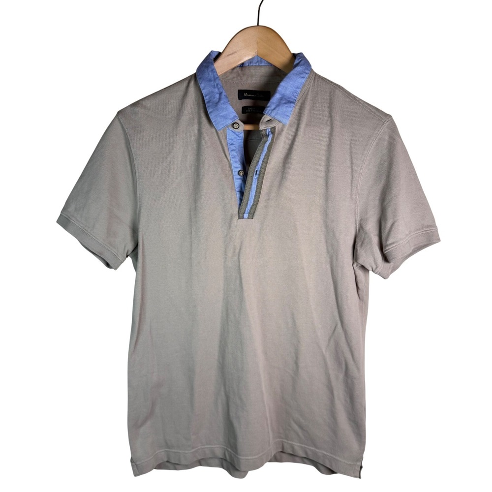 Massimo Dutti Polo Shirt Mens M Tan Contrast Blue Collar Casual Fit Pique Preppy